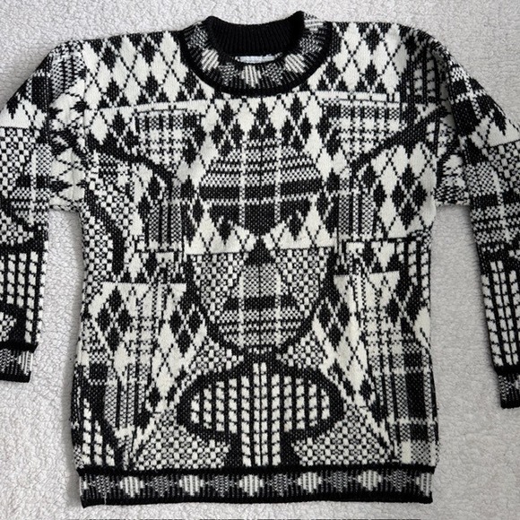 Vintage 90s Y2K Brittony Brand Geometric Intarsia Knit Sweater Black White USA - Picture 2 of 5